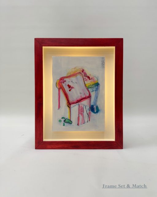 This is oak box frame with a red stained finish, the artwork was raised with a light box effect helping to give the artwork a levitated glow and with art glass to show off as much as possible. Let us know what you think.
#artwork #pictureframing #lightbox #london #bespoke