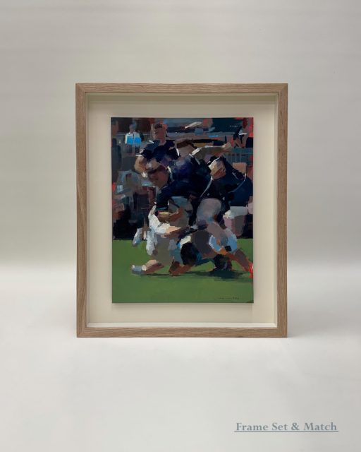 Beautiful rugby painting on board, displayed in a Ash box style frame. With a raised float effect on mount board, displayed with AR70 art glass.
#painting #art #bespokeframing #london #pictureframing