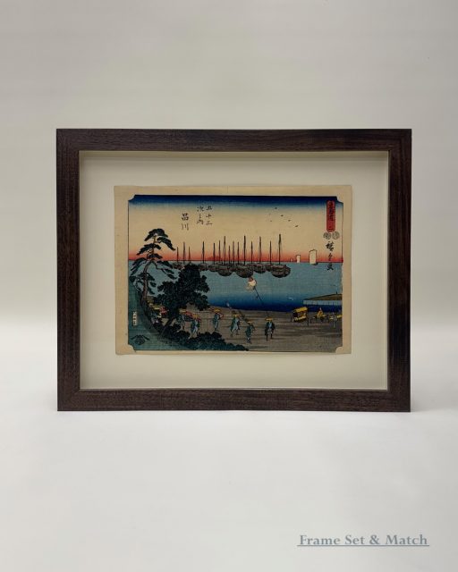 A beautiful Japanese wood block print by Hiroshige, displayed in a contemporary black walnut frame with a black wax applied. Displayed with AR92 art glass to offer great UV protection and anti reflective properties.